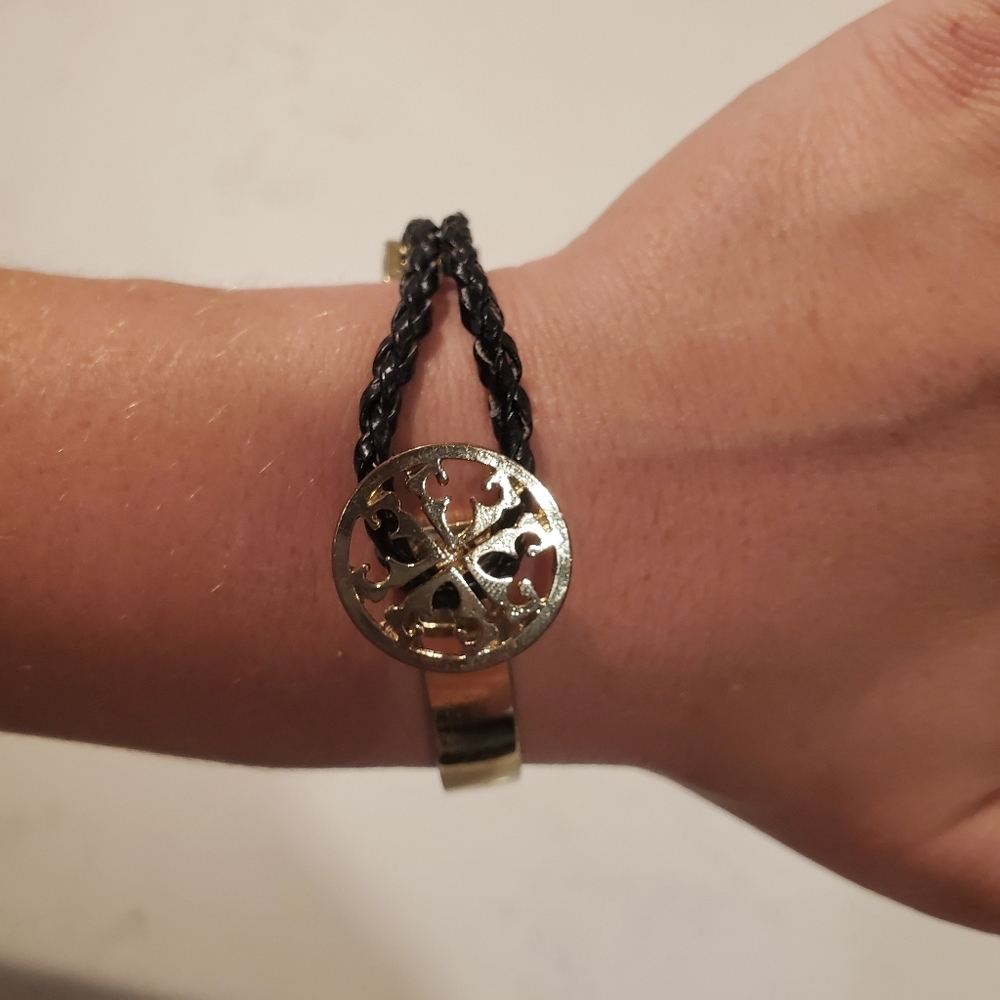 Black Faux Leather Braid Gold Circle Bracelet Boho Casual Vegan